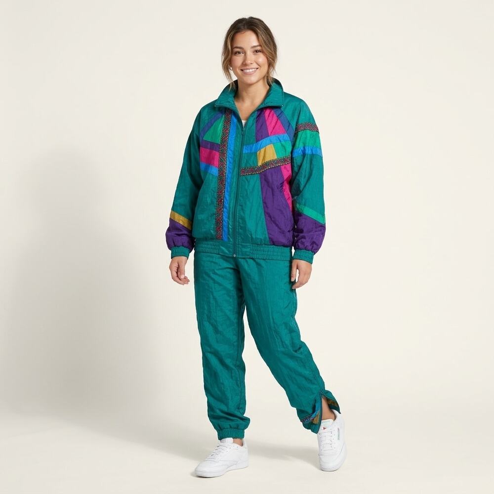 VTG Sunterra Tracksuit Set Petite Medium Teal Pink Retro Windbreaker Pants 90s